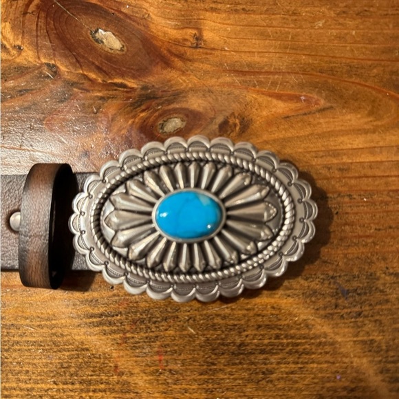 ARIAT BROWN LEATHER BELT WITH FAUX TURQUOISE SILVER BUCKLE  Size L NWOT - Picture 1 of 10